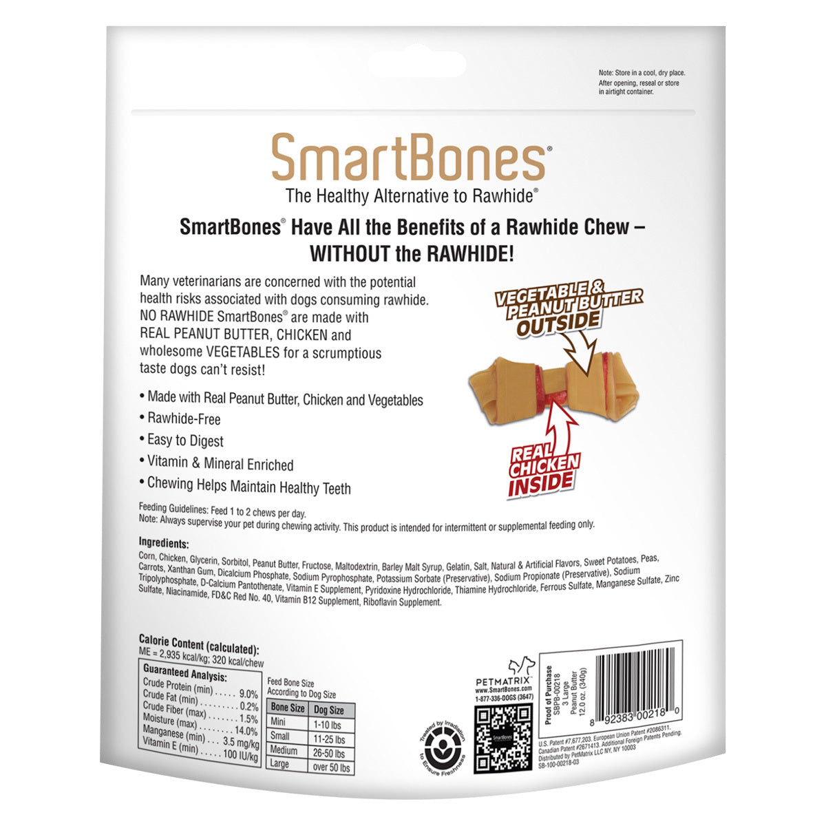 SmartBones Carnaza Vegetal Huesitos Receta Crema de Cacahuate Tamaño Grande para Perro 3 Piezas