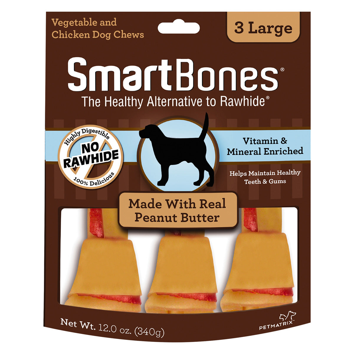SmartBones Carnaza Vegetal Huesitos Receta Crema de Cacahuate Tamaño Grande para Perro 3 Piezas